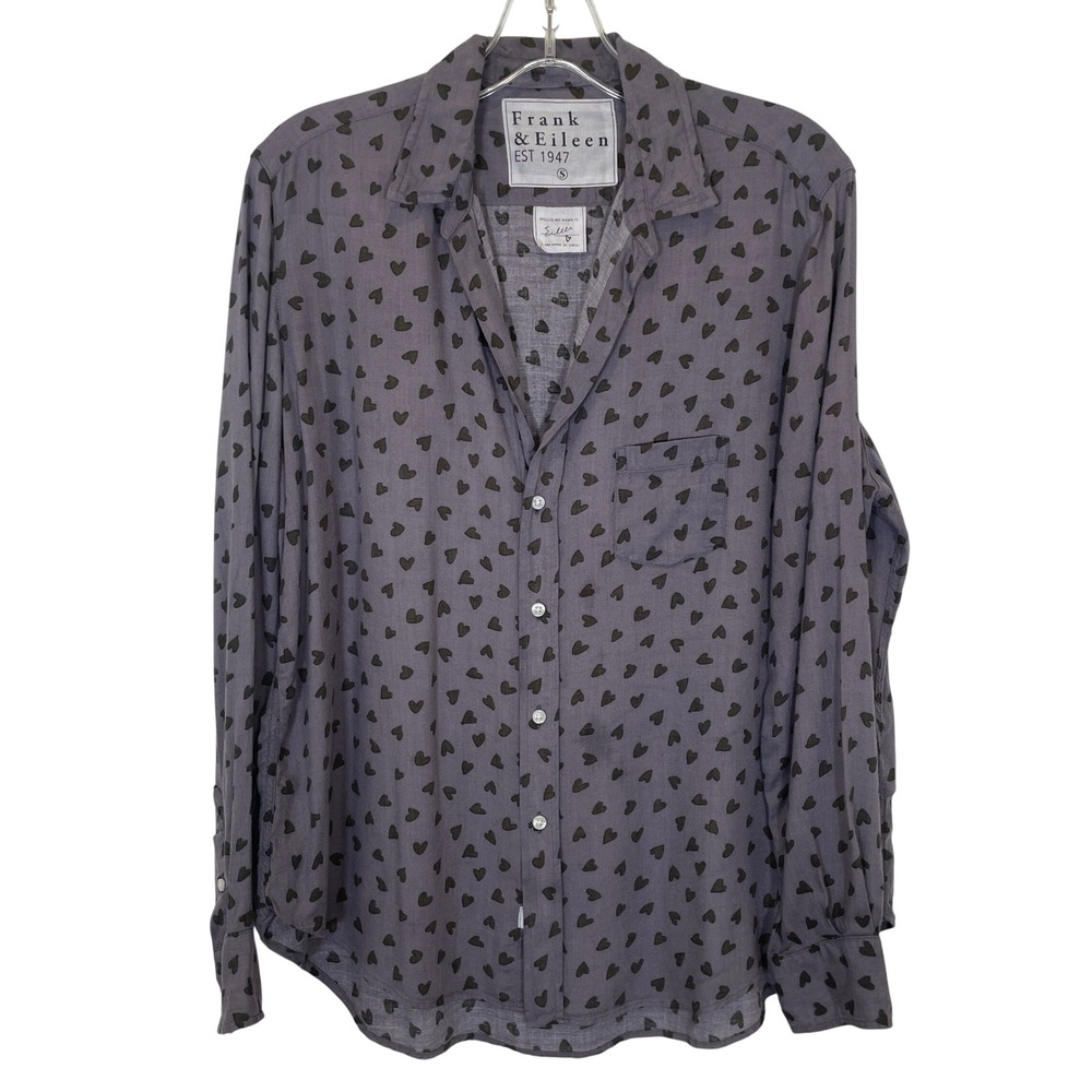 Frank & Eileen Hearts Print Modal Button Up Shirt Black Grey Long Sleeve RARE‎ S
